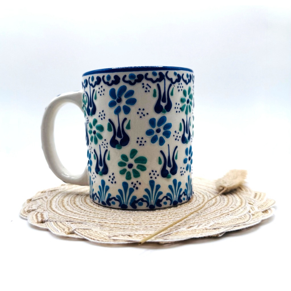 Myth Arts Blue Turkish Sensory Coffee Mug Hand Painted Floral Pattern